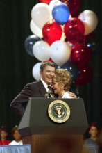 U.S. President Ronald Reagan and U.S. First Lady Nancy Reagan attending a Republican party luncheon