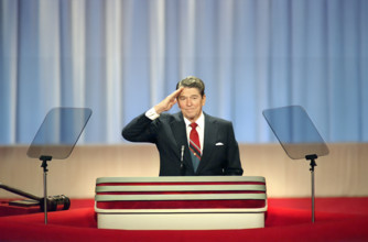 U.S. President Ronald Reagan saluting the crowd during 1988 Republican National Convention,