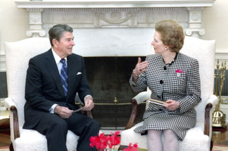 U.S. President Ronald Reagan meeting with British Prime Minister Margaret Thatcher in White House