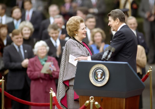U.S. President Ronald Reagan with British Prime Minister Margaret Thatcher during Thatcher's