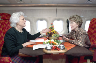 U.S. First Lady Nancy Reagan and U.S. Second Lady Barbara Bush on trip via First Lady airplane to