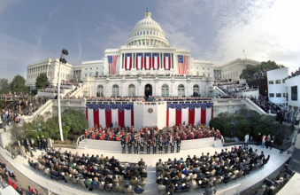 U.S. President Ronald Reagan delivering inaugural address, west side of U.S. Capitol building,