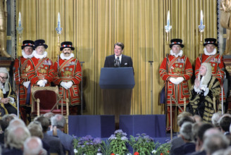 U.S. President Ronald Reagan addressing British Parliament, London, England, UK, President Ronald