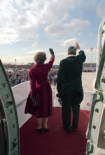 Former U.S. President Ronald Reagan and Former U.S. First Lady Nancy Reagan waving from airplane at