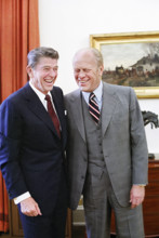 U.S. President Ronald Reagan meeting with former U.S. President Gerald Ford to discuss his upcoming