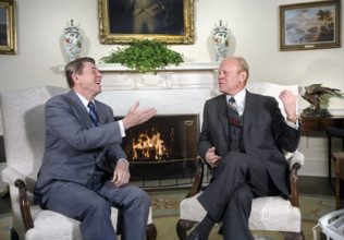 U.S. President Ronald Reagan meeting with former U.S. President Gerald Ford, White House Oval