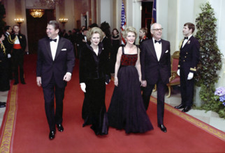 U.S. President Ronald Reagan and U.S. First Lady Nancy Reagan with British Prime Minister Margaret