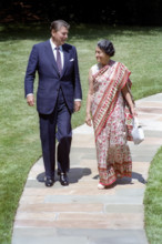 U.S. President Ronald Reagan walking with Prime Minister Indira Gandhi of India outside White House