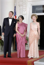U.S. President Ronald Reagan and U.S. First Lady Nancy Reagan with Prime Minister Indira Gandhi of