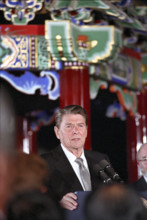U.S. President Ronald Reagan delivering speech at reception for members of the American community,