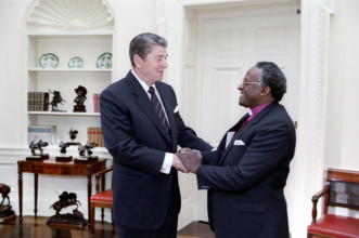 U.S. President Ronald Reagan meeting with Bishop Desmond Tutu of Anglican Church of South Africa,