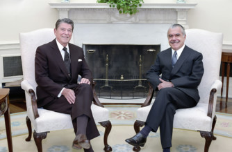 U.S. President Ronald Reagan meeting with President Jose Sarney of Brazil in the White House Oval
