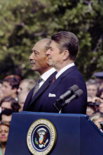 U.S. President Ronald Reagan and Egyptian President Anwar El Sadat on the White House south lawn at