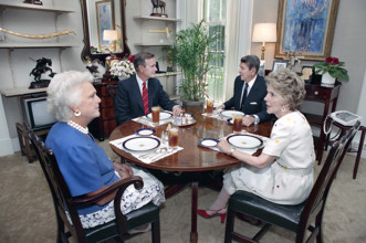 U.S. President Ronald Reagan and U.S. First Lady Nancy Reagan having lunch with U.S. Vice President