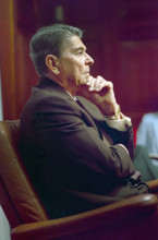 U.S. President Ronald Reagan sitting during a National Security Planning Group (NSPG) meeting in
