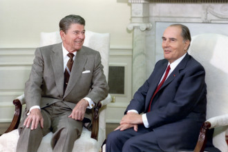 U.S. President Ronald Reagan meeting with President of France Francois Mitterrand in the White