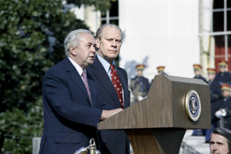 U.S. President Gerald R. Ford and Prime Minister Harold Wilson of Great Britain at arrival ceremony