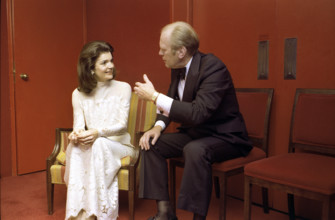 U.S. President Gerald R. Ford chatting with Jacqueline Kennedy Onassis at intermission reception