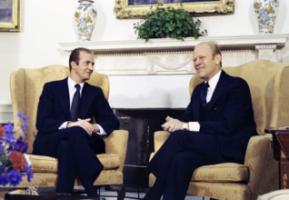 U.S. President Gerald R. Ford and King Juan Carlos I of Spain meeting in White House Oval Office,