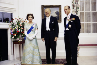 Queen Elizabeth II, U.S. President Gerald R. Ford, and Prince Philip at the British Embassy for a