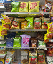 Bags of chips and pretzels on display, Duane Reade retail store, Tribeca, Manhattan, New York City,