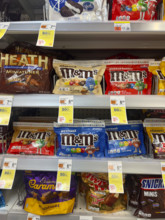Packages of chocolate candy on display, Duane Reade retail store, Tribeca, Manhattan, New York