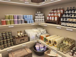 Shelves of gourmet condiments, Meadow Lane gourmet grocer, Tribeca, Manhattan, New York City, New