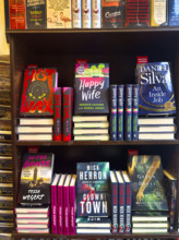 Hard cover books on display, Mysterious Book Shop, Tribeca, Manhattan, New York City, New York, USA