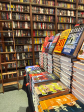 Hard cover books on display, Mysterious Book Shop, Tribeca, Manhattan, New York City, New York, USA