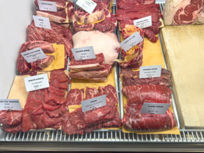 Raw meat display case, Dickson's Farmstand Meats, Chelsea Market, Chelsea, Manhattan, New York