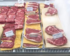 Raw meat display case, Dickson's Farmstand Meats, Chelsea Market, Chelsea, Manhattan, New York