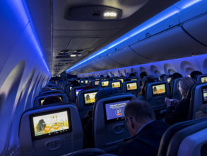 Jet Blue Airlines commercial airplane, interior view of main cabin