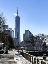 One World Trade Center and cityscape of Financial District in winter viewed from Hudson River Park,
