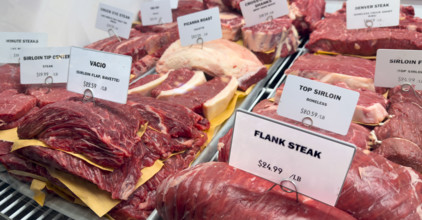 Raw meat display case, Dickson's Farmstand Meats, Chelsea Market, Chelsea, Manhattan, New York