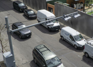 High angle view of congestion pricing scanners and urban street scene, Hudson Yards, New York City,