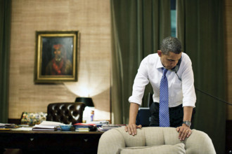 U.S. President Barack Obama talking on telephone with President Lee Myung-bak of South Korea in