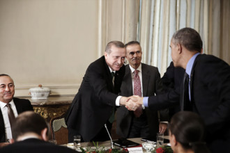 U.S. President Barack Obama shaking hands with President Recep Tayyip Erdogan of Turkey during