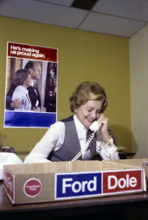 U.S. First Lady Betty Ford talking on telephone during visit to Ford Campaign Phone Bank, Downey,