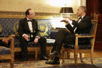 U.S. President Barack Obama talking with President François Hollande of France in White House Blue