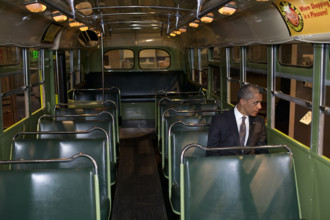 U.S. President Barack Obama sitting on the famed Rosa Parks bus, Henry Ford Museum, Dearborn,