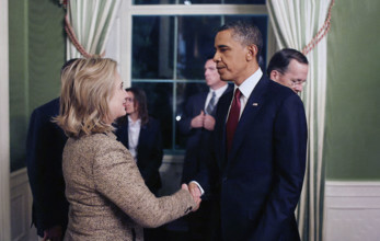 U.S. President Barack Obama shaking hands with U.S. Secretary of State Hillary Rodham Clinton in