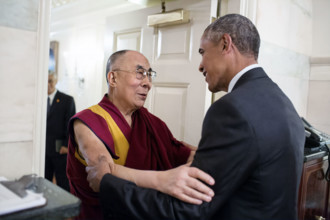 U.S. President Barack Obama greeting His Holiness the Dalai Lama prior to their meeting in the