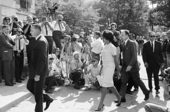 Student Vivian Malone Jones arriving at door of Foster Auditorium, University of Alabama, to