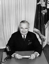 U.S. President Harry S. Truman giving radio address announcing victory in Europe over the Germans,