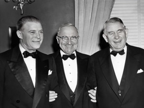 U.S. President Harry S. Truman (center), U.S. Vice President Alben Barkley (right), and