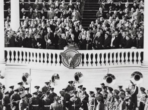 U.S. President Harry S. Truman (center foreground, right) taking oath of office and is sworn in as
