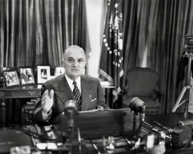 U.S. President Harry S. Truman delivering radio and television address on issue of international