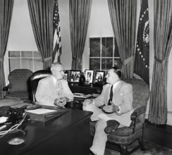 U.S. President Harry S. Truman (left) meeting with President Galo Plaza of Ecuador (right) in White