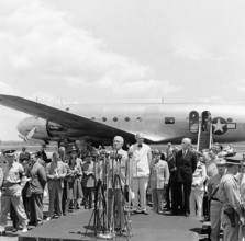 U.S. President Harry S. Truman speaking at ceremony marking departure of U.S. Secretary of State