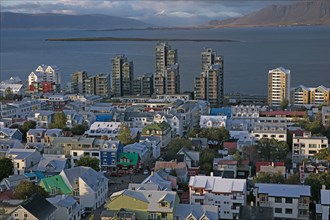 Iceland, Reykjavik, aerial view towards the sea